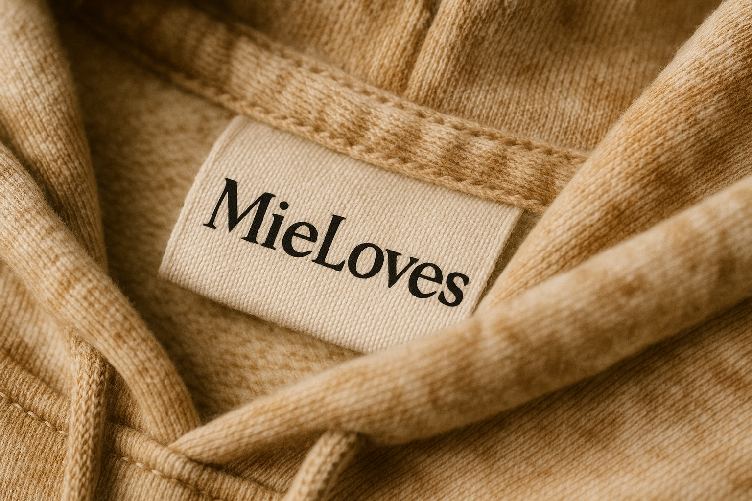 create the zoomed in tag of a hoodie saying "MieLoves" the hoodie should be acid washed bone oat. thats all
