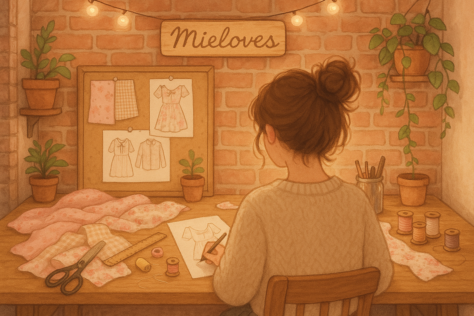 Create an image of a large desk, with fabrics, rulers. scissors, etc. and someones back facing the camera working on it, with a small sign saying "Mieloves above" "mieloves" is a clothing brand for matching couples, use the theme you think suits this genre best? a cute rustic theme, bubbley, neon? ykwim go ahead